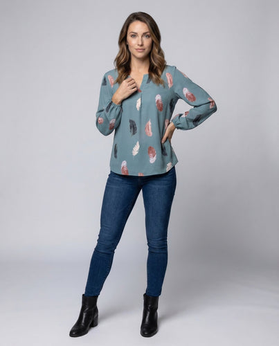 Damen Chiffonbluse Federmotiv Ballonärmel
