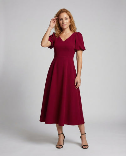 Damen Midikleid V Ausschnitt Puffärmel