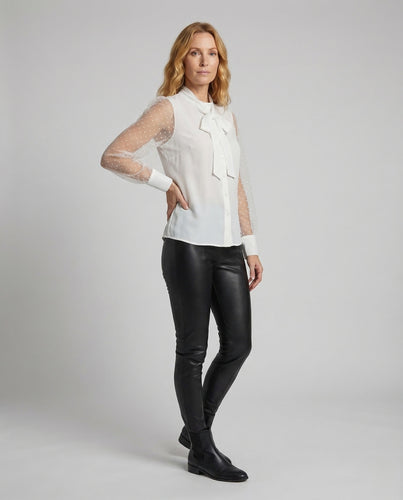 Damen Chiffonbluse Schleifenkragen Perlen