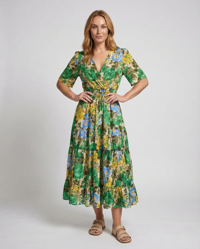 Damen Midikleid Blumen V Ausschnitt