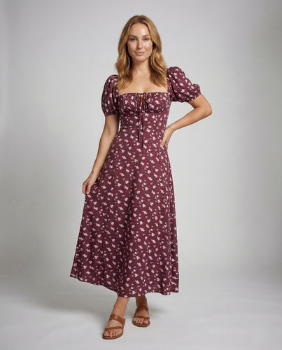 Damen Midikleid Puffärmel Korsage