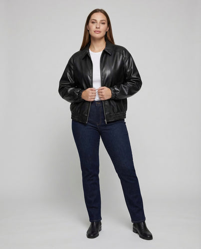 Damen Lederoptik Jacke Weit Reißverschluss