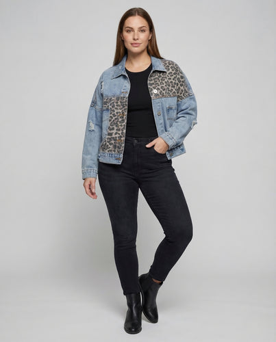 Damen Jeansjacke Oversize Leopardenbesatz Used