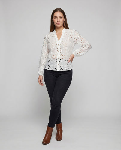 Damen Lochstickerei Bluse Ballonärmel