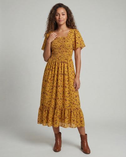 Damen Midikleid Smock Puffärmel