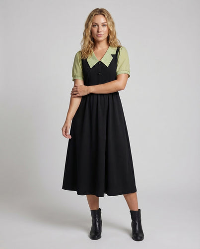Damen Midikleid Reverskragen Puffärmel