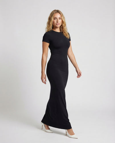 Damen Rippstrick Maxikleid Kurzarm
