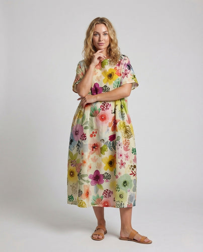 Damen Leinen Kaftankleid Blumen