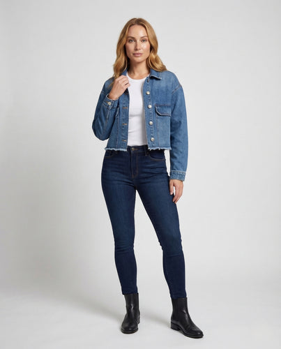 Damen Jeansjacke Kurz Rohsaum