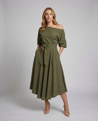 Damen Midikleid Schulterfrei Gürtel