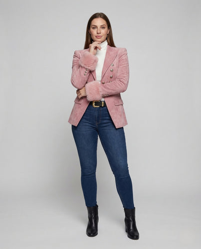 Damen Samt Blazer Kunstfellmanschetten