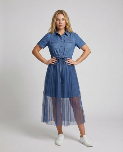 Damen Hemdblusenkleid Jeans Tüll