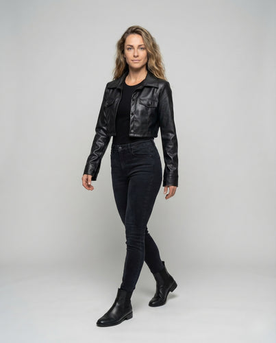 Damen Lederjacke Kurz Hemdstil