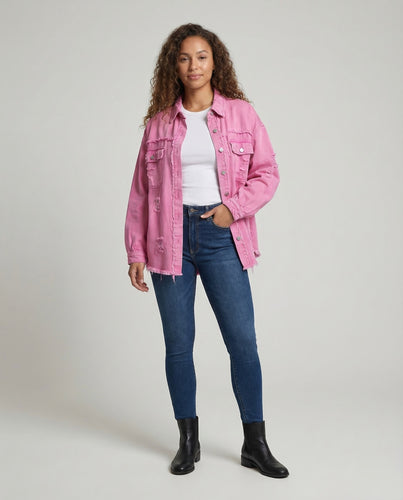 Damen Jeanshemdjacke Oversize Fransen