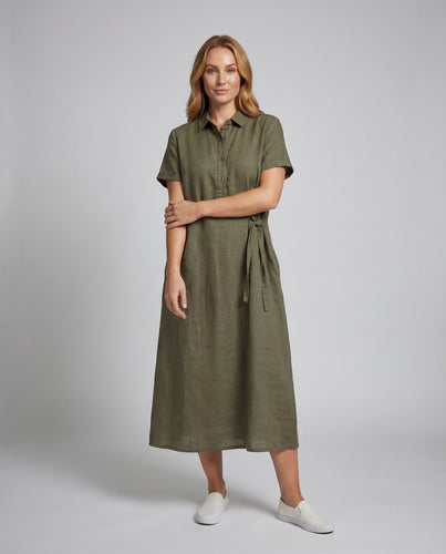 Damen Leinenkleid Polo Gürtel