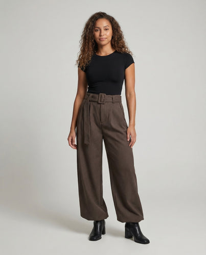 Damen Bundfaltenhose Stoffgürtel Weit