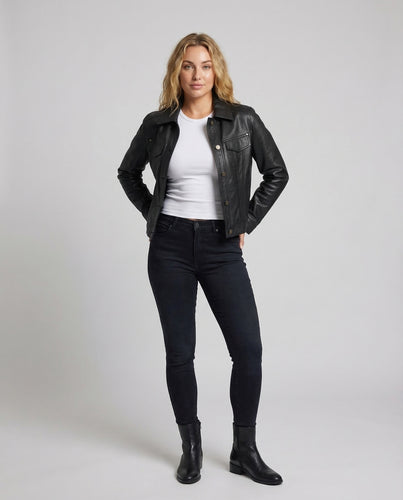 Damen Kunstleder Truckerjacke Boxy
