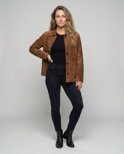 Damen Wildlederjacke Oversize Hemdkragen