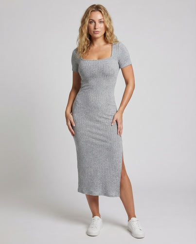 Damen Midikleid Rippstrick Schlitz