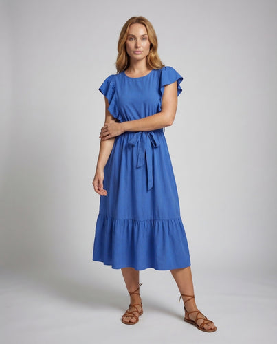 Damen Midikleid Gürtel Volant
