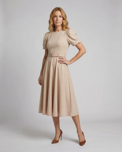 Damen Midikleid Puffärmel Gürtel