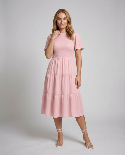 Damen Stufenkleid Midi Gesmokt