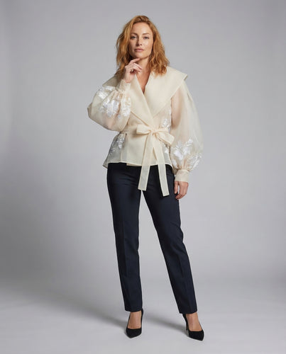 Damen Organza Wickelbluse Stickerei