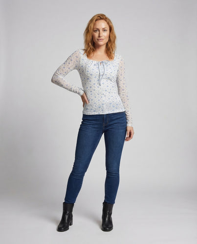 Damen Mesh Langarmshirt Blumenmuster