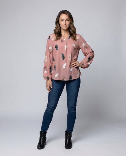 Damen Fließende Chiffonbluse Federprint