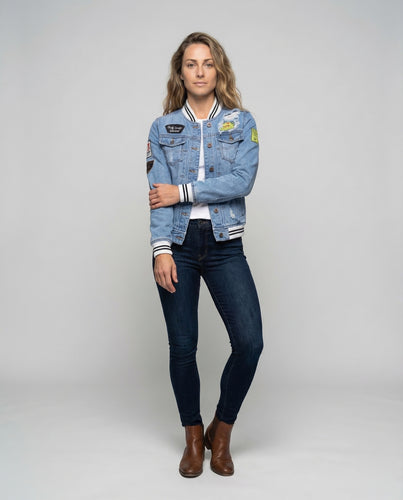 Damen Jeans-Bomberjacke Retro-Patchwork