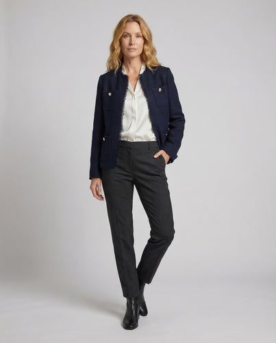 Damen Kragenlose Bouclé-Jacke Fransenbesatz