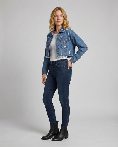 Damen Kurze Jeansjacke Ausgefranster Saum