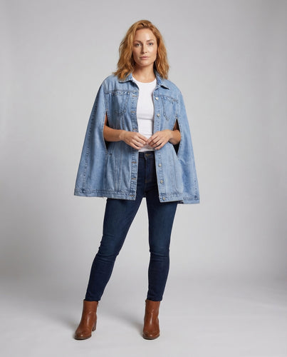 Damen Oversize Jeansmantel Cape-Ärmel