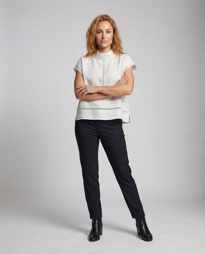 Damen Kurzes Leinenblusen-Top Ajourborte