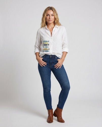 Damen Strandhemd Leinenlook Fischprint
