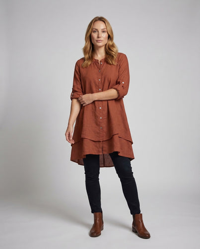 Damen Stufen-Leinenkleid Stehkragen
