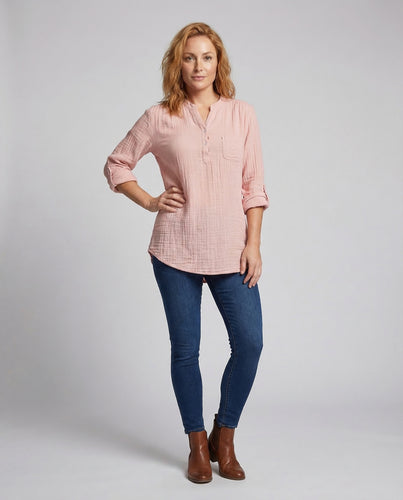 Damen Mullstoff-Tunika Henley-Stil