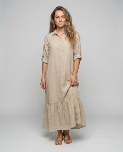 Damen Leinenoptik-Maxikleid Volantsaum
