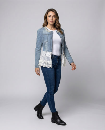 Damen Romantische Denim-Blusenjacke Spitze