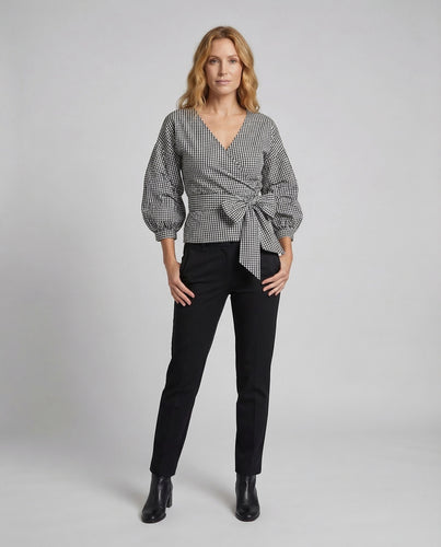 Damen Karo-Wickelbluse Taillenschärpe