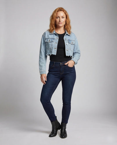 Damen Kurze Jeansjacke Roher Saum