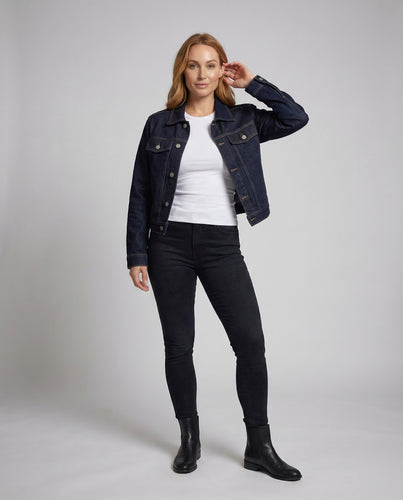 Damen Boxy-Denimjacke Druckknopfverschluss