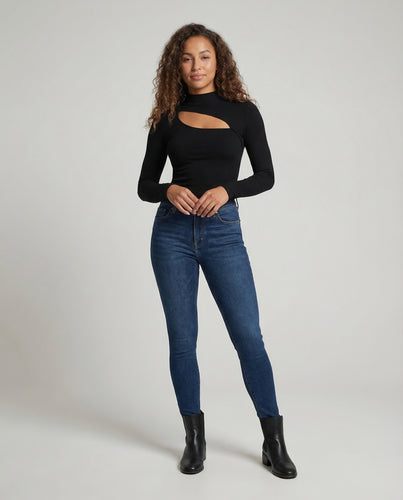 Damen Ripp-Longsleeve Asymmetrischer Ausschnitt