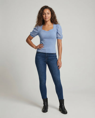 Damen Rippstrick-Top Transparente Puffärmel