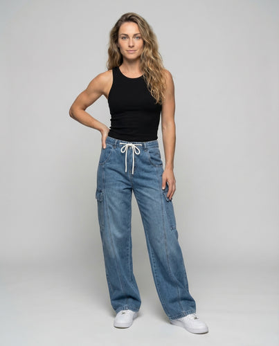 Damen Jeans-Baggyhose Tunnelzugbund Cargotaschen