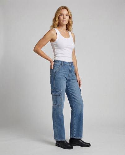 Damen Denim-Cargohose Extra weites Bein
