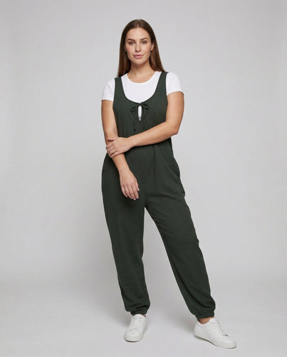 Damen Leinen-Look-Overall Tiefer Schritt