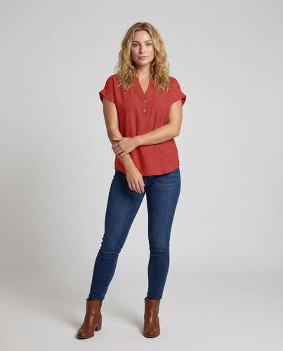 Damen Tunika-Shirt Zierknopfleiste Leinenoptik
