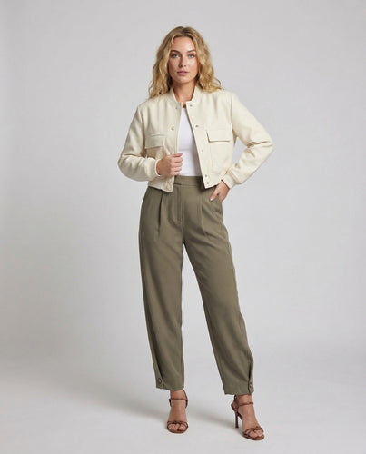 Damen Paperbag-Bundhose Saum-Knopfdetail