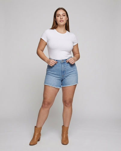 Damen Taillenformende Jeansshorts Ausgefranster Saum
